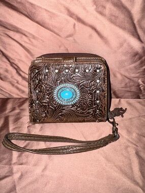 Shyanne Brown Embossed Leather Wristlet with Turquoise Accent